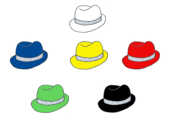 Sechs Hüte in den Farben schwarz, grün, rot, gelb, blau und weiß, sind abgebildet.